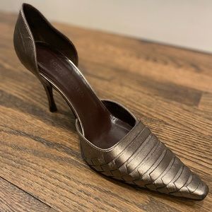 Bottega Veneta Metallic Green Woven Leather Pointed Pumps 37.5